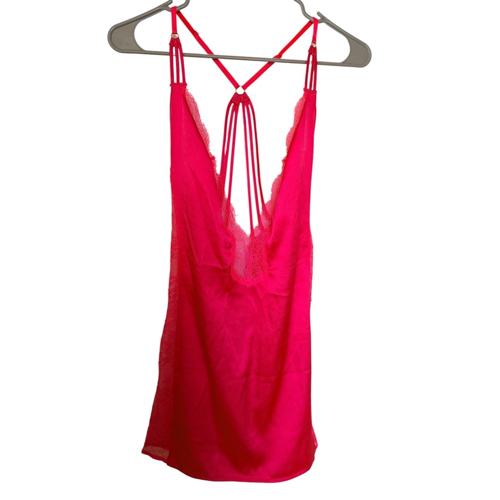 Victorias Secret Red Satin Lace Trim Strappy Back Slip Dress Chemise Small